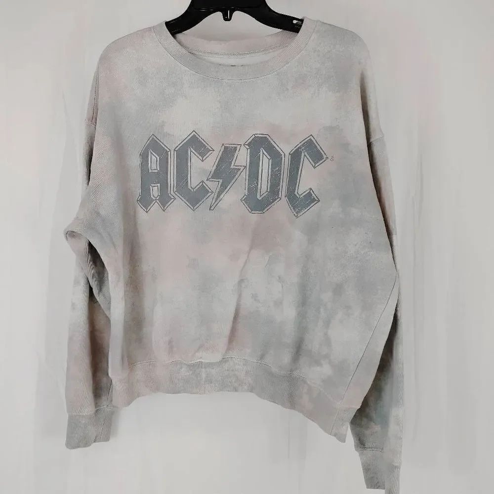 ACDC Sweatshirt Womens XL Tie Dye Pastel Pink Teal Top Shirt Long Sleeve Cropped